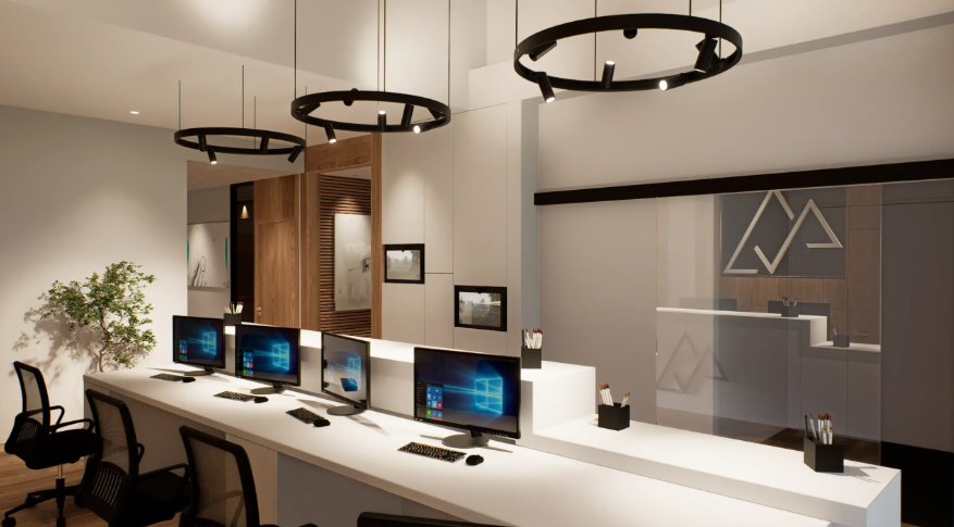 Salle de soins du Pôle Dentaire Altitude — bois clair et luminaires suspendus