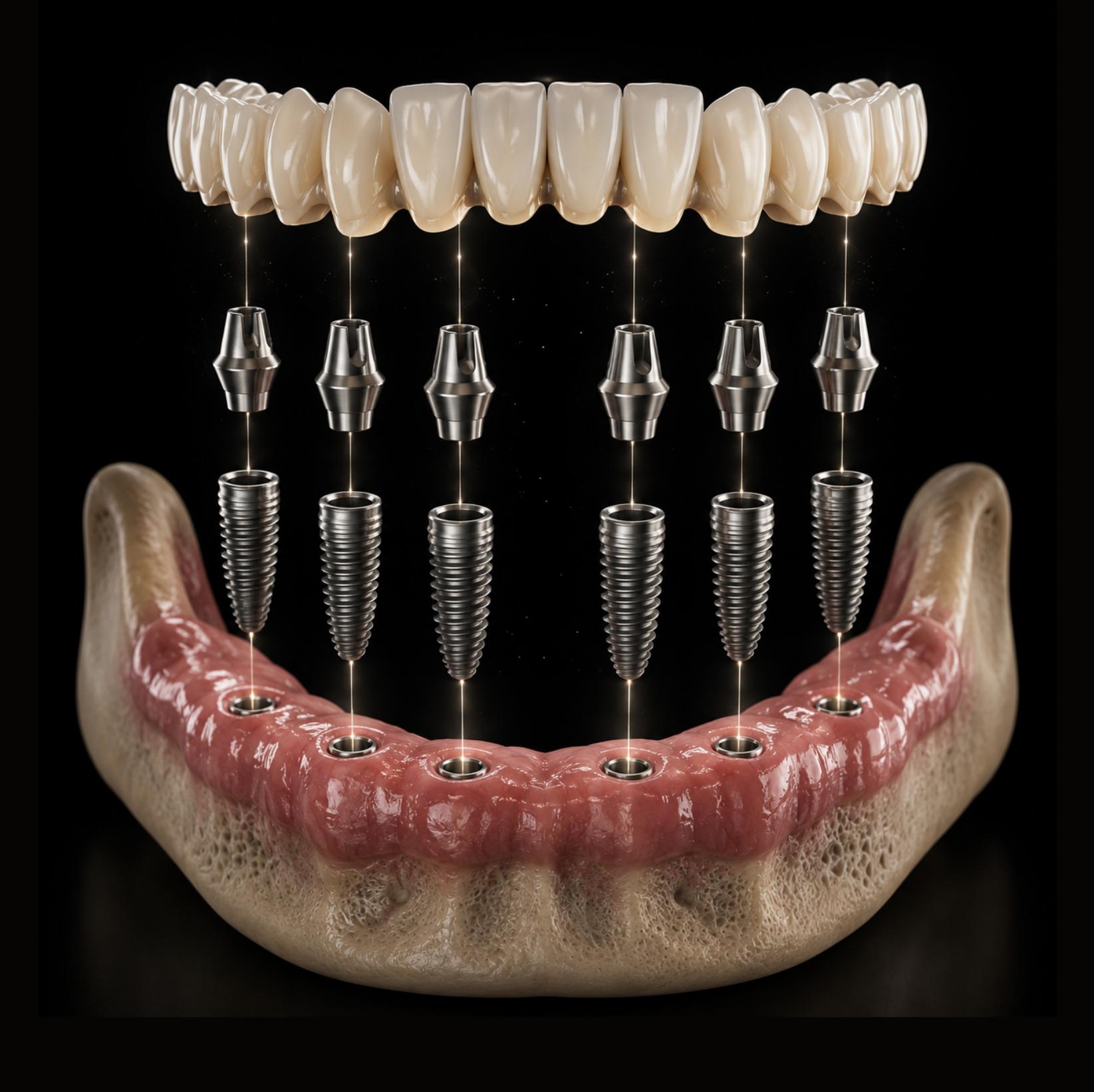 Vue éclatée d'une réhabilitation All-on-6 : arcade, piliers prothétiques et six implants en titane
